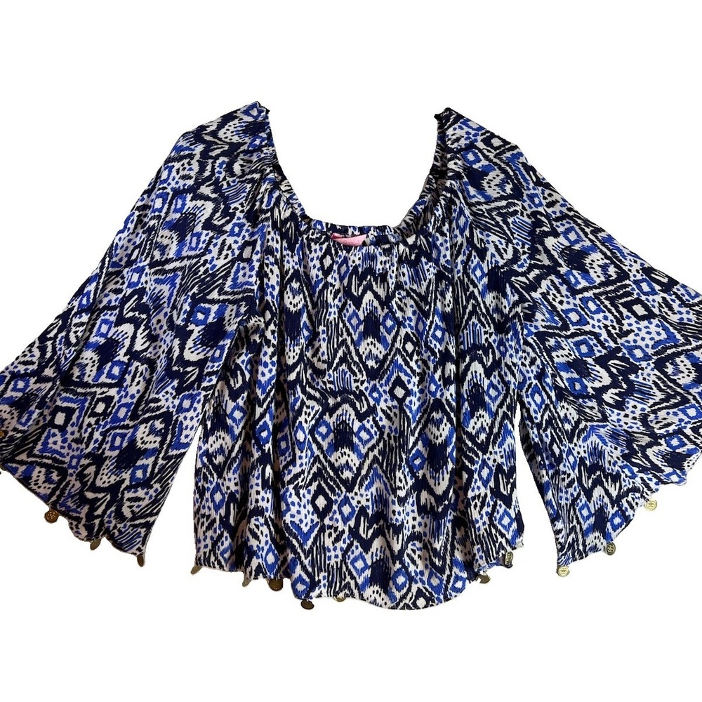 Lilly Pulitzer Delaney Top Women M Off Shoulder Bell Sleeve Coin Vacation Resort